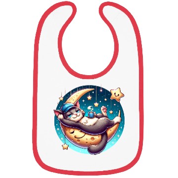 Discover Cute Cat Relaxing on Moon with Stars and Coffee Bibs