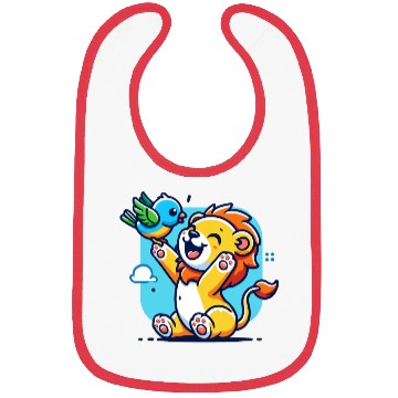 Discover cute lion cub playing with a colorful bird Bibs
