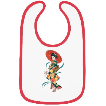 Discover Elegant Geisha with Red Parasol and Floral Kimono Bibs
