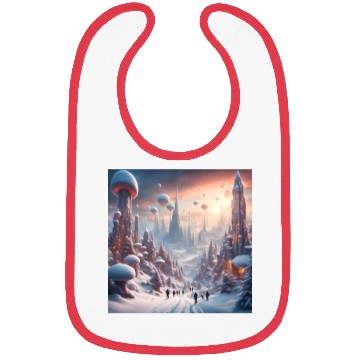 Discover Futuristic Snowy Cityscape with Floating Balloons Bibs