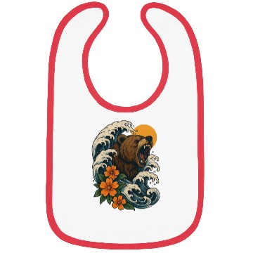Discover Bear Surfer Wave with Hibiscus Flowers Bibs