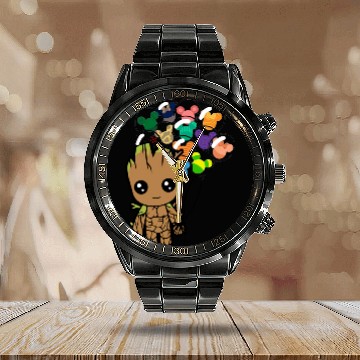 Discover Disney BABY GROOT Calendar Steel Band Watch, Disney Groot With Mickey Balloon Calendar Steel Band Watch