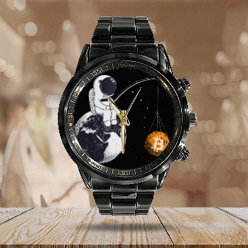 Discover Bitcoin Funny An Astronaut Fishing for a Bitcoin moon Gift Calendar Steel Band Watch