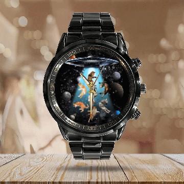 Discover Galaxy Cat UFO Calendar Steel Band Watch