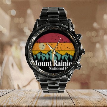 Discover Mount Rainier National Park Retro Style Hiking Vintage Calendar Steel Band Watch