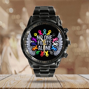 Discover No One Fights Alone Multicolor Ribbon For Cancer Awareness Calendar Steel Band Watch