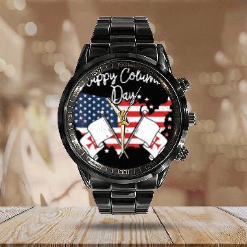 Discover Happy Columbus Day Calendar Steel Band Watch