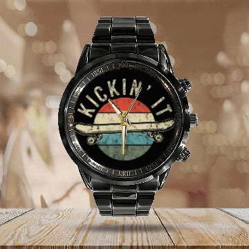 Discover Skateboard Skateboarding Gift for Skateboarder Retro Vintage Calendar Steel Band Watch