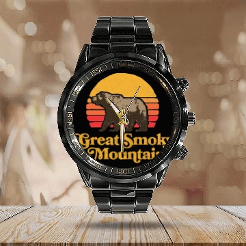 Discover Retro Great Smoky Mountains National Park Bear 80s Graphic Calendar Steel Band Watch