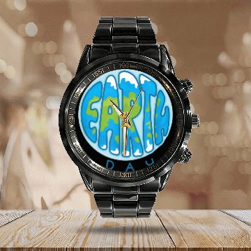 Discover Retro Happy Earth Day, Environment, Saving the Planet Calendar Steel Band Watch