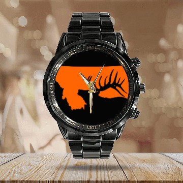 Discover Montana Elk Hunting Calendar Steel Band Watch