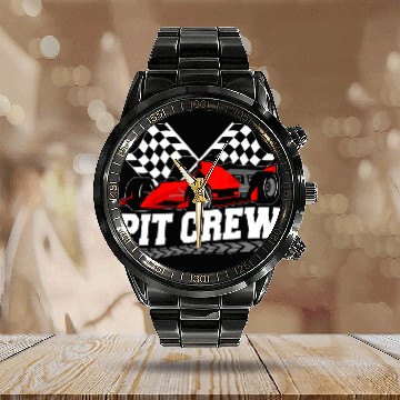 Discover Pit Crew Car Racing Checkered Flag Racing Party Calendar Steel Band Watch