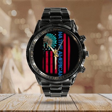 Discover Native American Day Vintage Flag USA Calendar Steel Band Watch