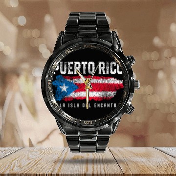 Discover Puerto Rico Island Flag Calendar Steel Band Watch
