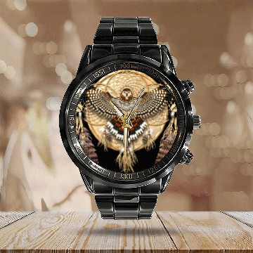 Discover Red-Tail Hawk Dreamcatcher Mandala Classic Calendar Steel Band Watch
