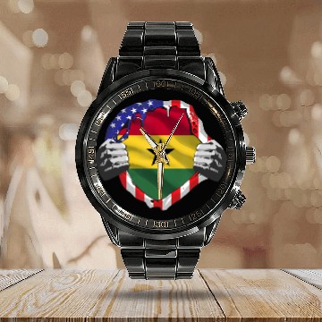 Discover Ghana Roots USA Flag Immigrant Calendar Steel Band Watch