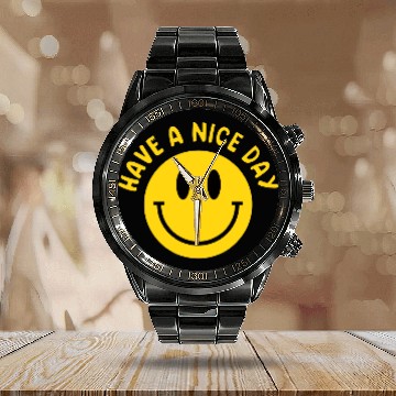 Discover Have A Nice Day Smile Happy Face Emoji Retro Calendar Steel Band Watch