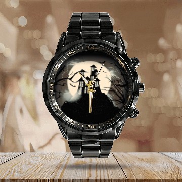 Discover Vintage Haunted House Halloween Calendar Steel Band Watch - Moon and Graveyard Calendar Steel Band Watch