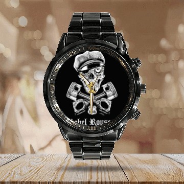 Discover Skull and Pistons Calendar Steel Band Watch