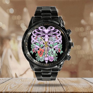 Discover Pastel Goth Rib Cage Skeleton Flowers Calendar Steel Band Watch