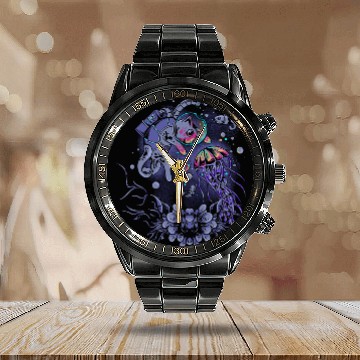 Discover black cats Paws space cat kitten playing with colorful jellyfish Calendar Steel Band Watch