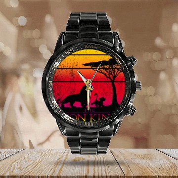 Discover Disney The Lion King Simba Mufasa Silhouettes Distressed Hawaiians Calendar Steel Band Watch