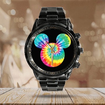 Discover Disney Mickey Mouse Icon Rainbow Tie-Dye Short Sleeve Zip Calendar Steel Band Watch