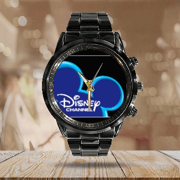 Discover Disney Channel  Mickey Mouse Blue Retro 2000s Logo Hawaiians Calendar Steel Band Watch