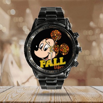 Discover Disney Mickey Mouse Fall Vibes Autumn Leaves Calendar Steel Band Watch