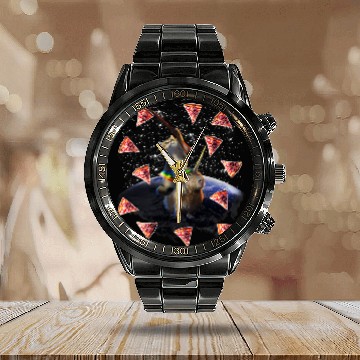 Discover black cats Paws Space Galaxy Cat Riding capybaras Pizza Calendar Steel Band Watch