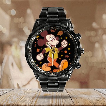 Discover Disney Mickey Mouse Strolling Through Autumn Leaves Fall Calendar Steel Band Watch