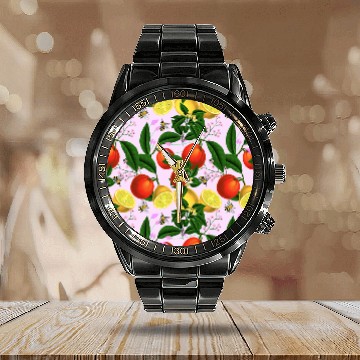 Discover Bee Beekeeping Summer citrus oranges bees lemon fruit pattern Beekeeper Calendar Steel Band Watch