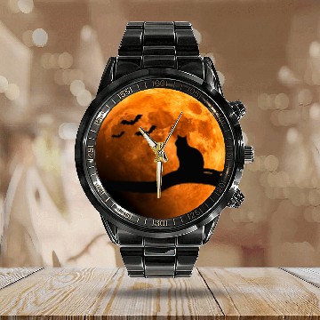 Discover black cats Paws Halloween Orange Full Moon and Bats 2 Calendar Steel Band Watch