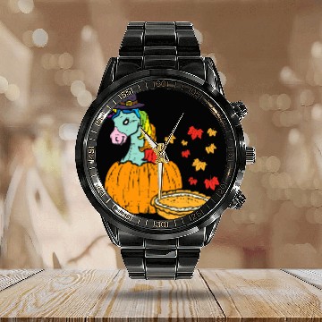 Discover Unicorns Cute Unicorns vintages Rainbow Pumpkin Cakes Fall Maple Leaves Calendar Steel Band Watch