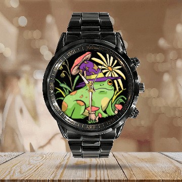 Discover Frog Gift Cottagecore Aesthetic Mushroom Wizard Hat Frog Toad Calendar Steel Band Watch