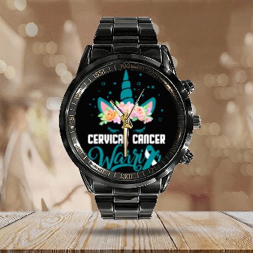 Discover Unicorns Face Cervical Cancer Awareness Day Warrior Survivor Calendar Steel Band Watch