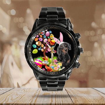 Discover Wiener BLACK Dachshund Easter Egg Tree Dogs Bunny Easters Day Dachshund Doxie Calendar Steel Band Watch
