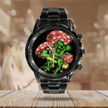 Discover Frog Gift psychedelics Hippie Frog Toad Mushrooms Forest Nature Fungi Calendar Steel Band Watch