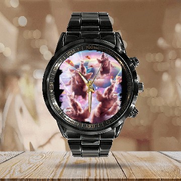 Discover Sloth Gift Space Cat Sloth Llama Riding Rainbow Laser Eyes Calendar Steel Band Watch