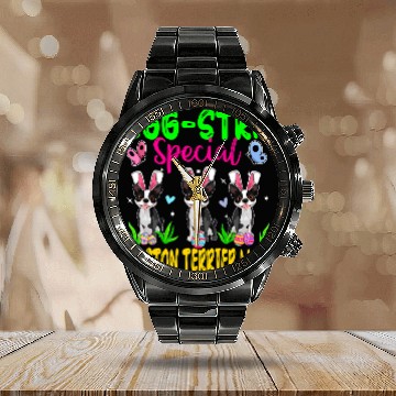 Discover Dog Boston Terrier EggStra Special Boston Terrier Mom Three Easter Bunny Dogs Calendar Steel Band Watch