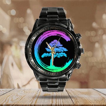 Discover Bonsai Tree Enso Circle Calligraphy Art for Meditation Calendar Steel Band Watch