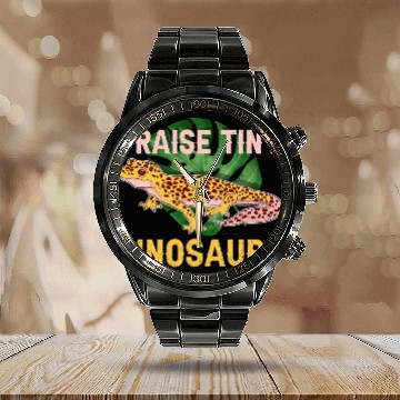 Discover Dino I Raise Tiny Dinosaurs Funny Reptile Lizard Leopard Gecko Calendar Steel Band Watch