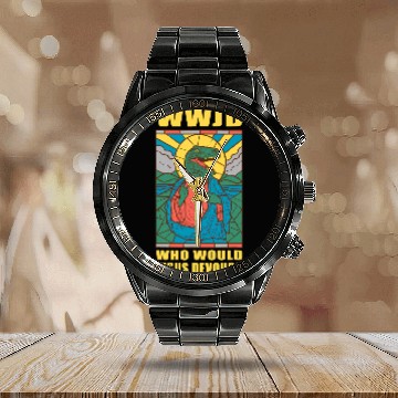 Discover Dinosaur Dino Christian WWJD Who Would Jesus Devour a Jesus Trex Calendar Steel Band Watch