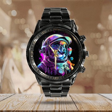Discover Cat Paws Outer Space Cat Kitty Astronaut Animal Face Galaxy Cat Lover 1 Calendar Steel Band Watch