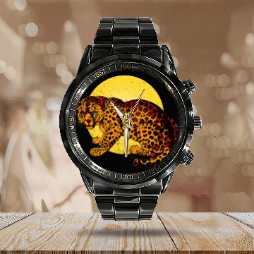 Discover Halloween Orange jaguarss Cat Yellow Moon light Graphic Art Calendar Steel Band Watch