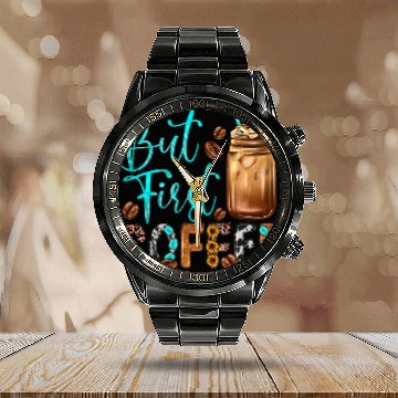 Discover CF Coffee But First Coffee Lover Gift Saying Quotes Leopard Plaid Calendar Steel Band Watch