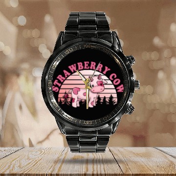 Discover Cattle Cow Strawberry Cow Cute Design Calendar Steel Band Watch