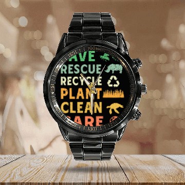 Discover Cool Recycle Reuse Renew Rethink quote Earth Day Environment 4 Calendar Steel Band Watch