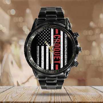 Discover Croquet American Flag 4th of July Calendar Steel Band Watch