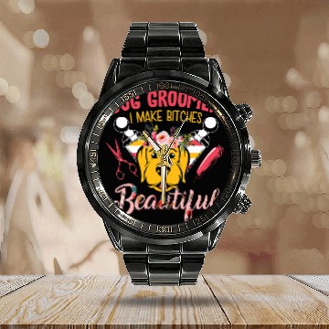 Discover Dog Groomer Calendar Steel Band Watch